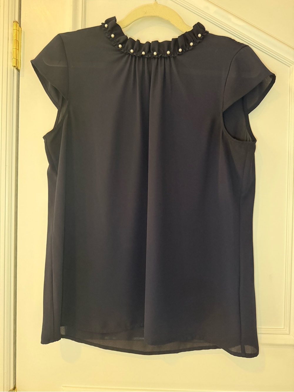 Karl Lagerfeld Paris Navy Pearl Ruffle Neck Blouse Size M